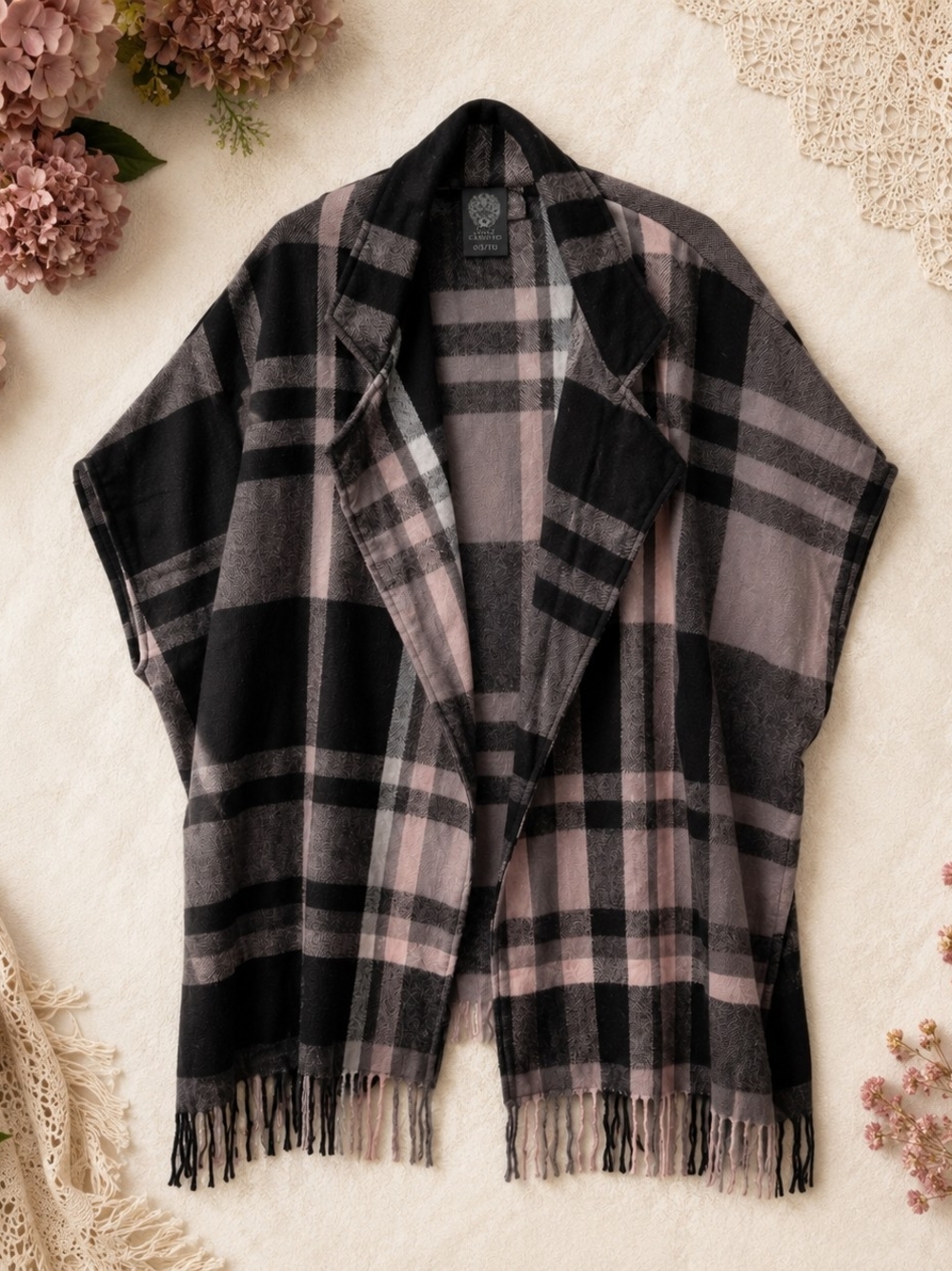 Plaid Open-Front Wrap Cape in Black and Dusty Pink